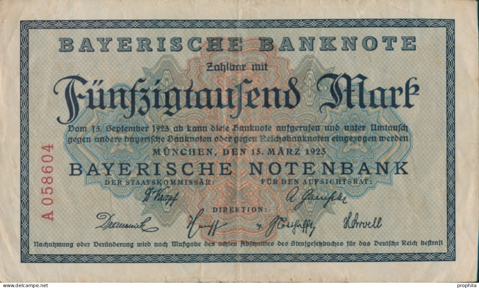 Bayern Rosenbg: BAY8 Länderbanknote Bayern Gebraucht (III) 1923 50.000 Mark (10288491 - 50000 Mark