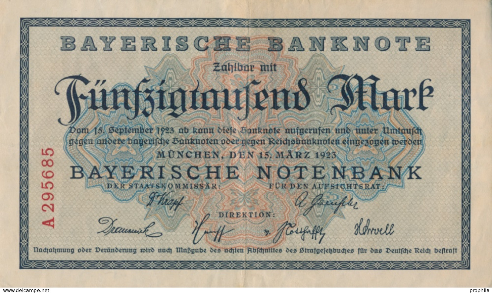 Bayern Rosenbg: BAY8 Länderbanknote Bayern Gebraucht (III) 1923 50.000 Mark (10288492 - 50000 Mark