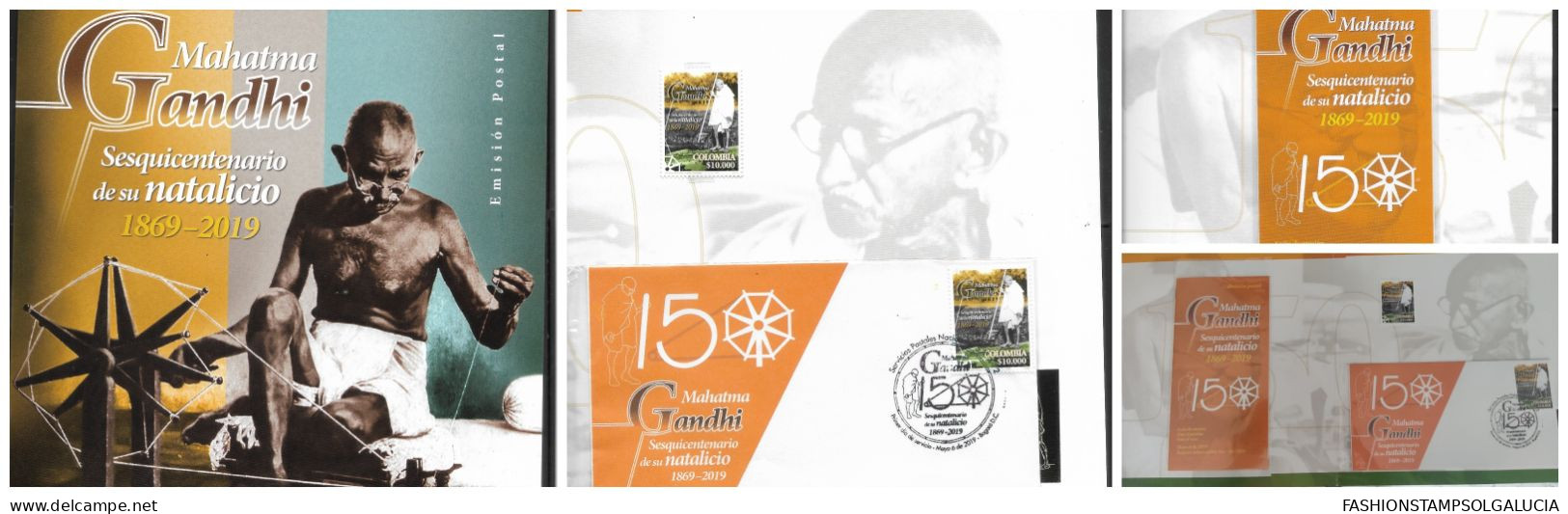 2019 COLOMBIA, MAHATMA GANDHI, RUECA, INDIAN INDEPENDENCE MOVEMENT AGAINST BRITISH RAJ, STAMP MNH, FDC AND FDB, FOLDER - Colombie