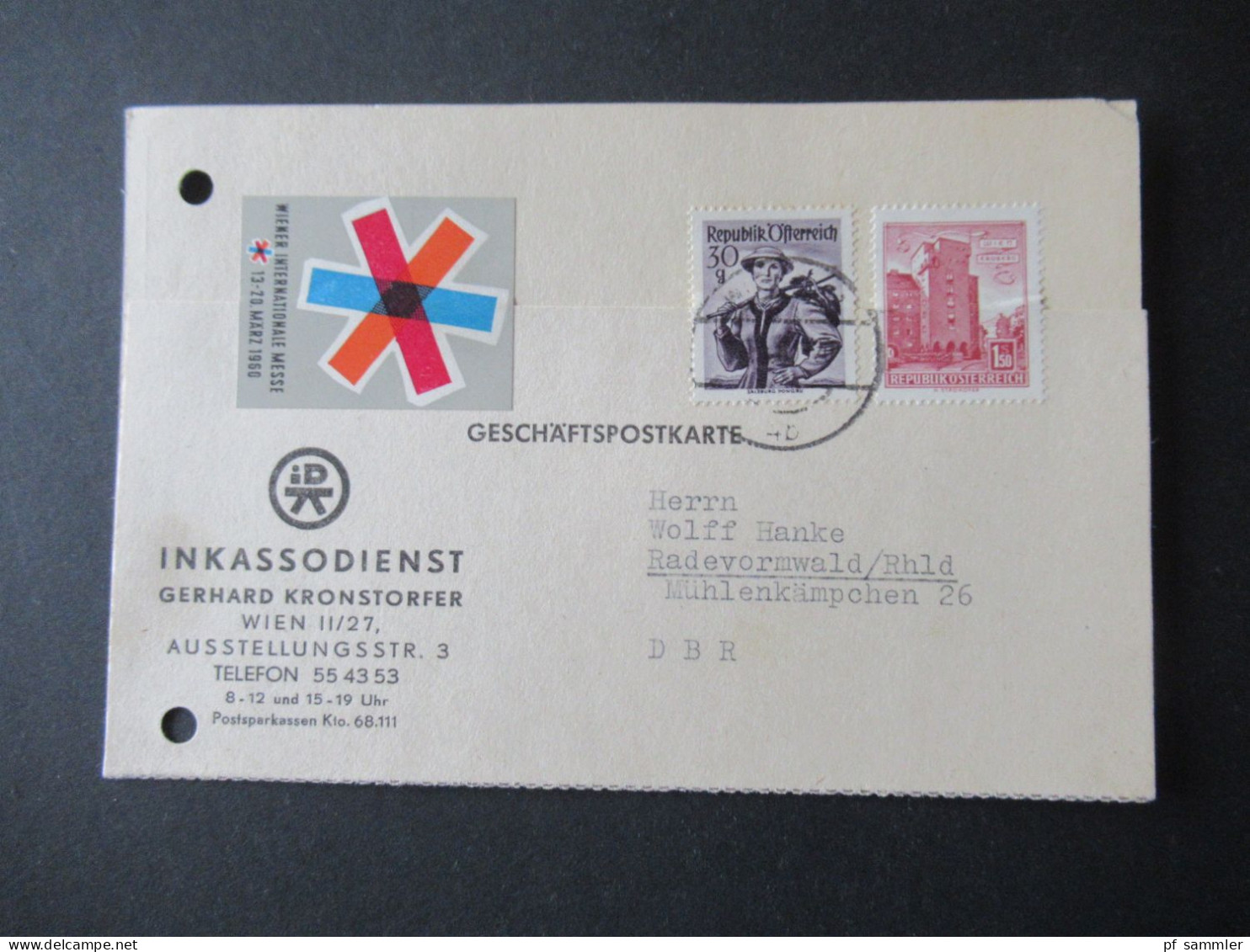 Österreich 1960 Geschäftspostkarte Inkassodienst Gerhard Kronstorfer Wien / Aufkleber Wiener Internationale Messe - Cartas & Documentos