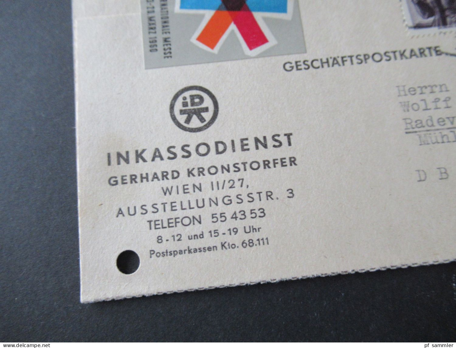 Österreich 1960 Geschäftspostkarte Inkassodienst Gerhard Kronstorfer Wien / Aufkleber Wiener Internationale Messe - Lettres & Documents