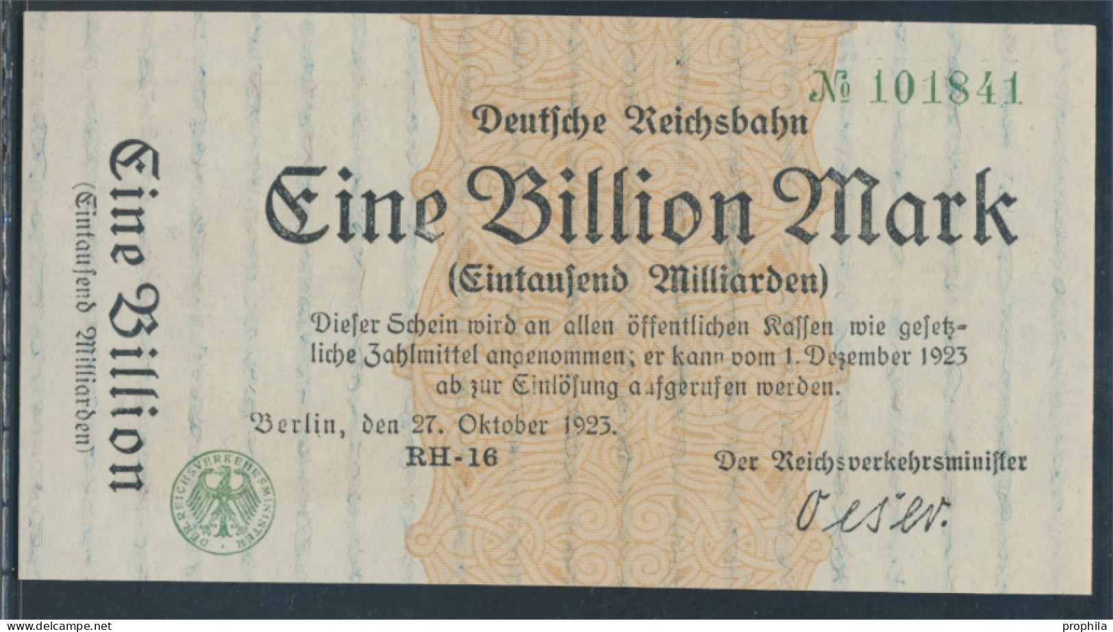 Berlin Pick-Nr: S1027 Inflationsgeld Der Deutschen Reichsbahn Berlin Bankfrisch 1923 1 Billion Mark (10288441 - 1 Biljoen Mark