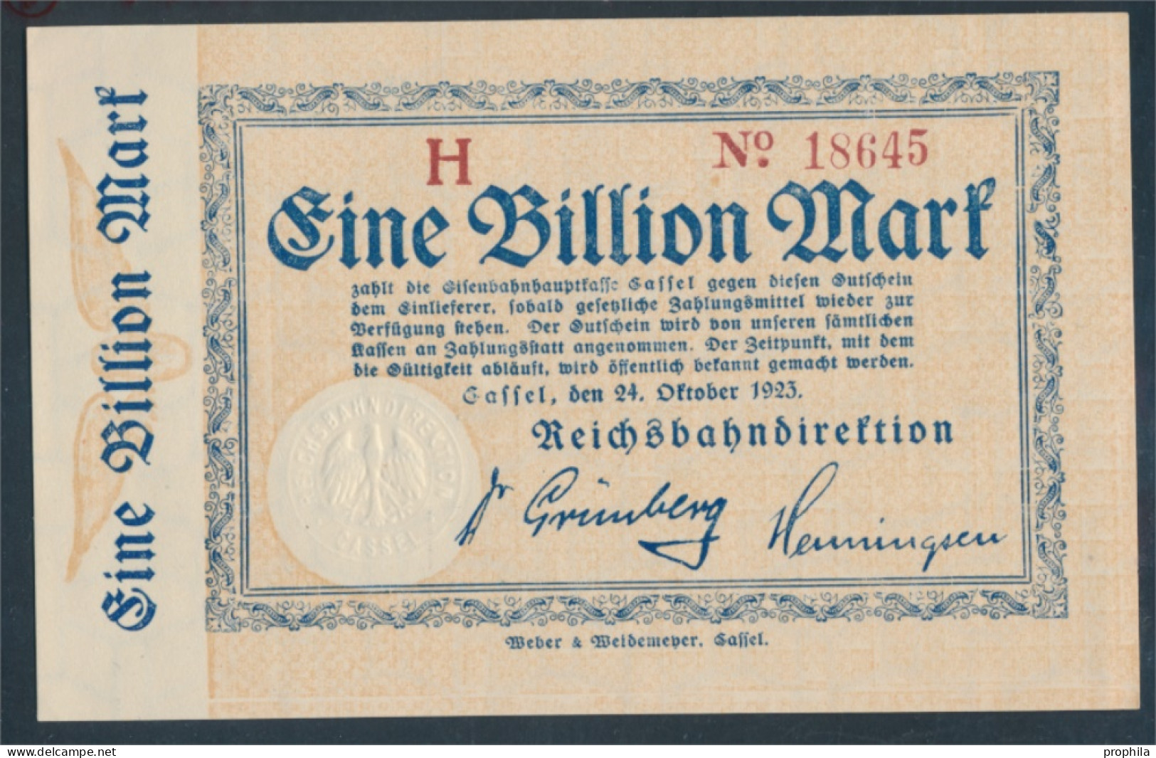 Kassel Pick-Nr: S1168 Inflationsgeld Der Deutschen Reichsbahn Cassel Bankfrisch 1923 1 Billion Mark (10288439 - 1 Biljoen Mark