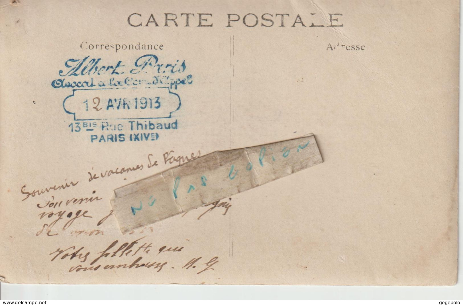 Souvenir De Vacances De Pâques D'un Avocat Parisien Nommé " A. Paris " En 1913 D'un Endroit à Localiser  ( Carte Photo ) - Zu Identifizieren