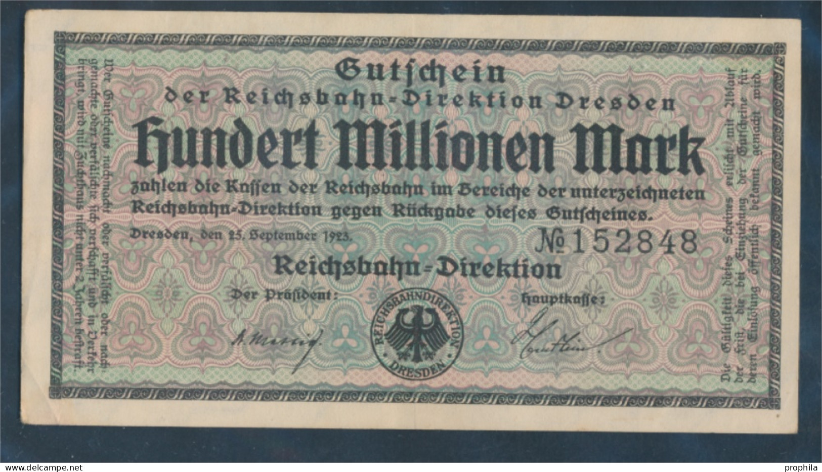 Dresden Pick-Nr: S1177 Inflationsgeld Der Deutschen Reichsbahn Dresden Gebraucht (III) 1923 100 Millionen Mark (10288426 - 100 Mio. Mark