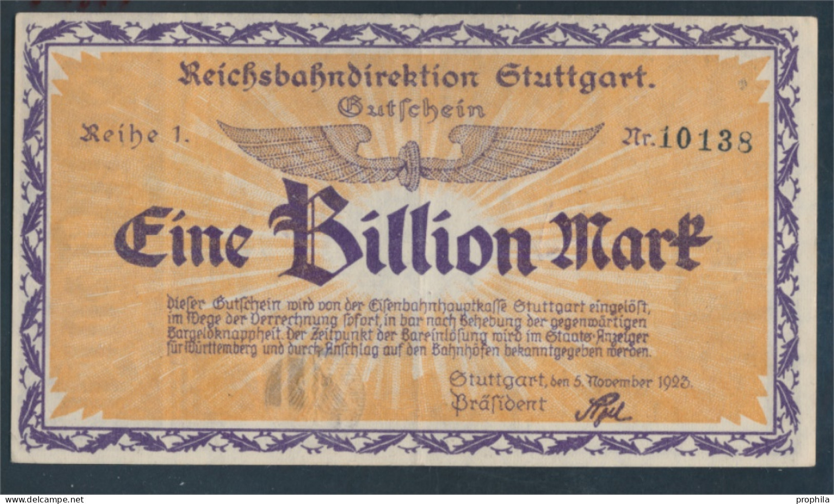 Stuttgart Pick-Nr: S1379 Inflationsgeld Der Deutschen Reichsbahn Stuttgart Gebraucht (III) 1923 1 Billion Mark (10288428 - 1 Biljoen Mark