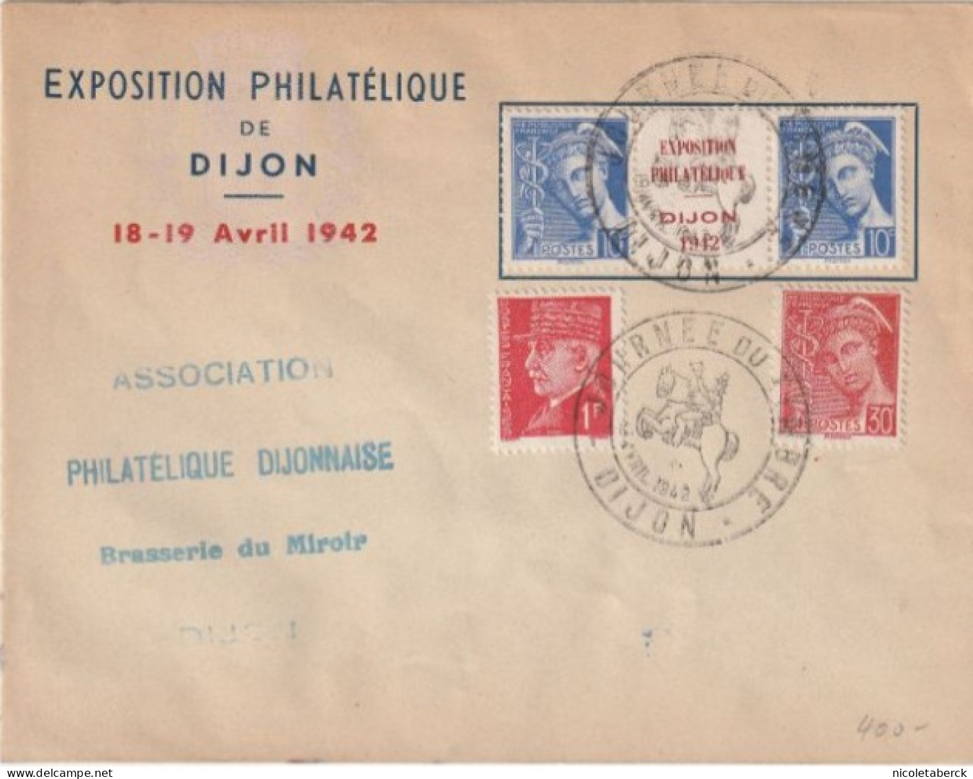 Mercure, N°407 Repiquage Exposition Dijon 1942 Sur Inter Panneau, Sur Lettre Officiel. Rare . Collection BERCK - 1938-42 Mercurius