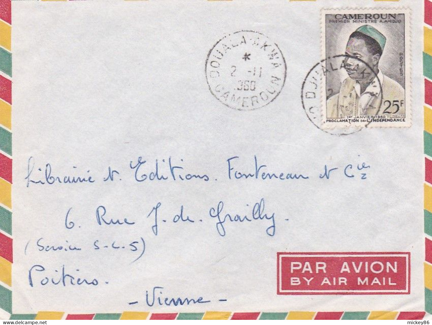 Cameroun--1960-Lettre DOUALA AKWA Pour POITIERS( France) Timbre Seul Sur Lettre..cachet  2-11-1960 - Camerún (1960-...)