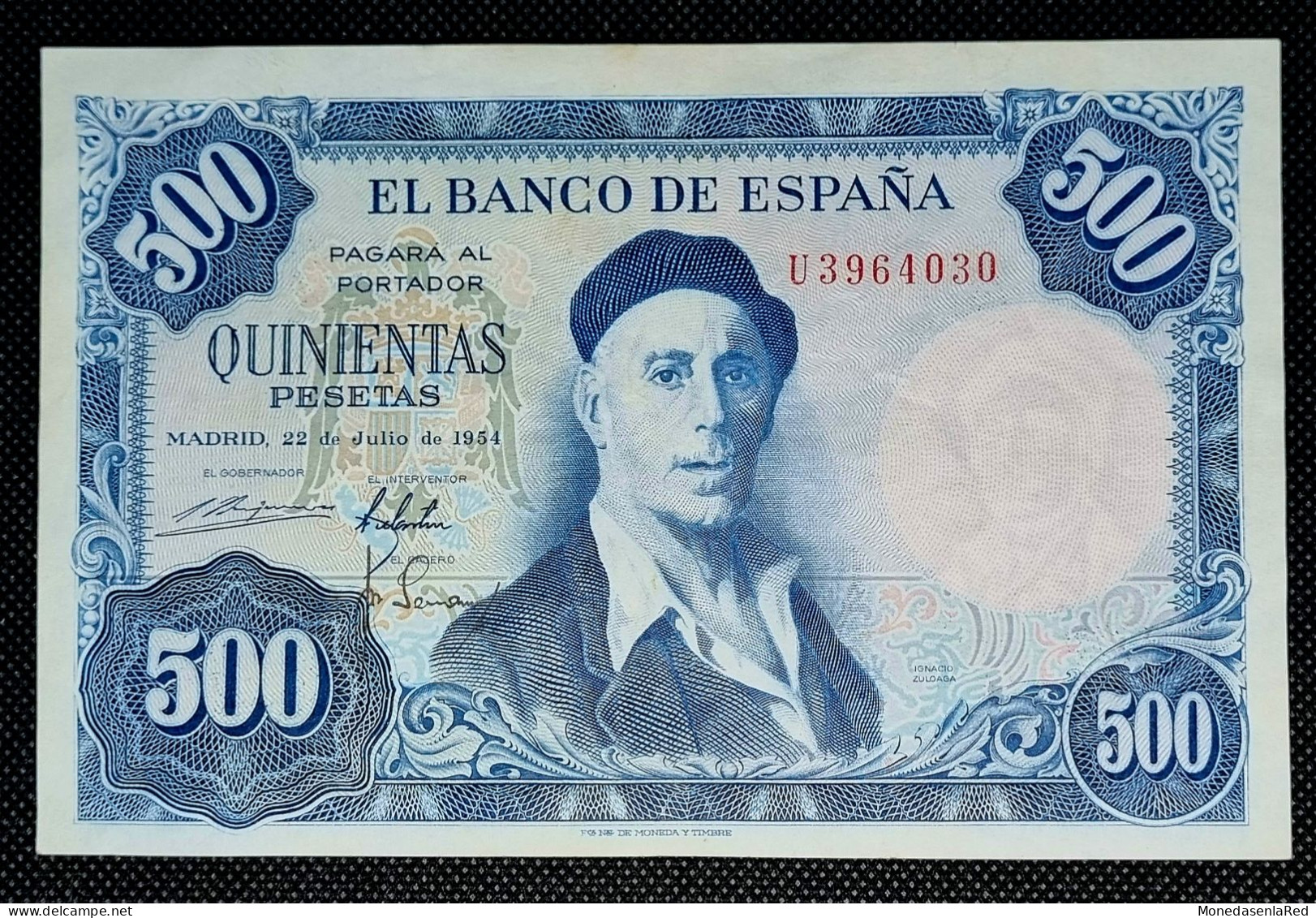 ESPAÑA / SPAIN 500 PESETAS 1954 IGNACIO ZULOAGA SERIE U BANCO DE ESPAÑA. EBC - 500 Pesetas