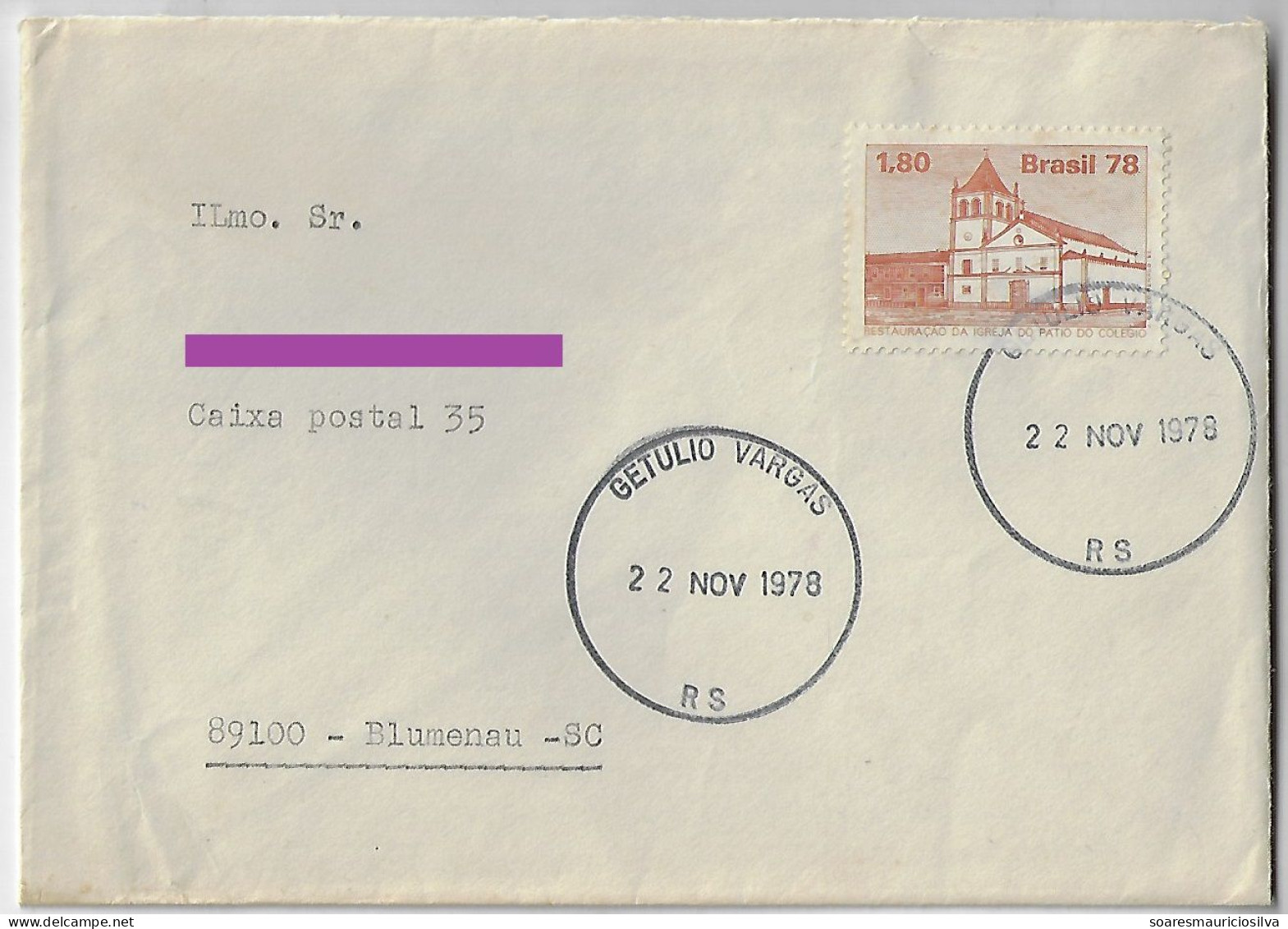 Brazil 1978 Cover From Getúlio Vargas To Blumenau Stamp Restoration Of The Pátio Do Colégio Jesuit Church - Lettres & Documents