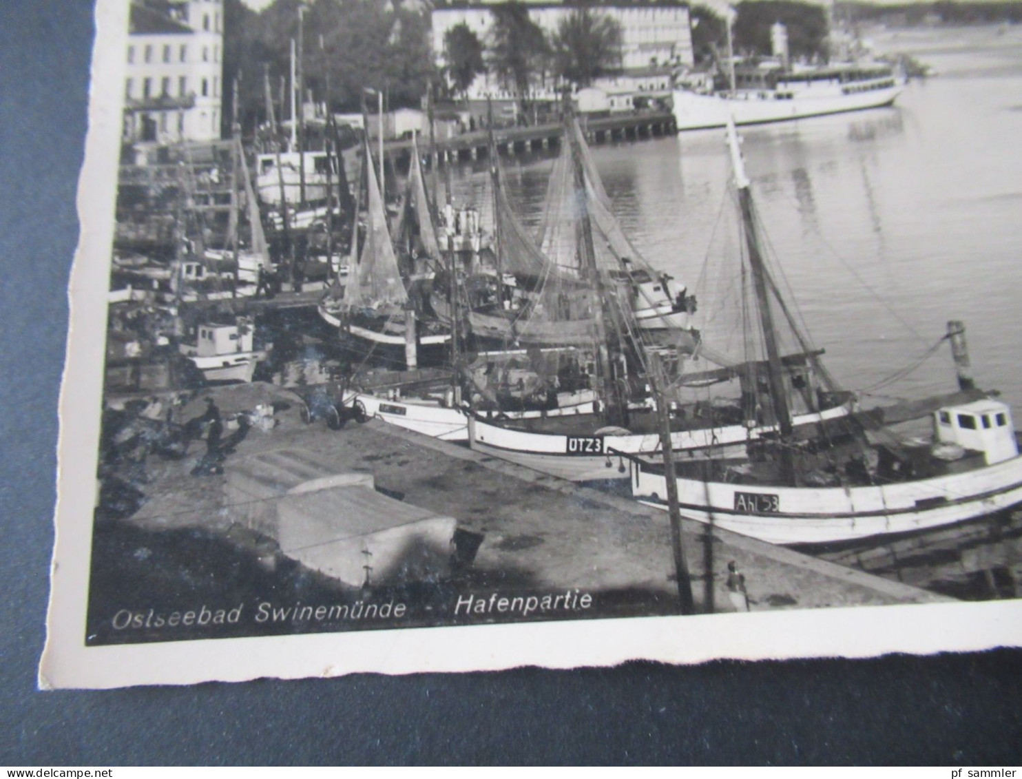 3.Reich 1939 Pommern Echtfoto AK Ostseebad Swinemünde Hafenpartie / Fischerboote / Hotel Preussenhof / Dampfer - Pommern