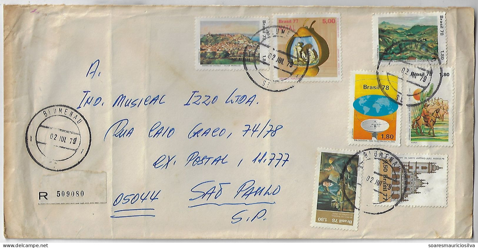 Brazil 1979 Registered Cover Sent From Blumenau To São Paulo 7 Different Commemorative Stamp - Lettres & Documents