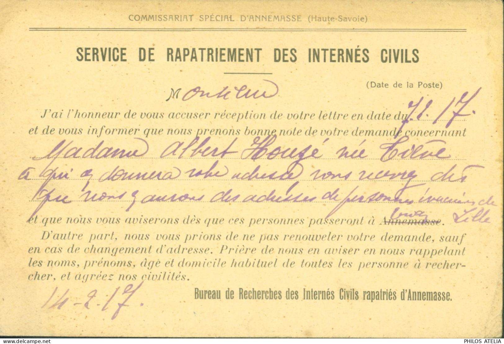 Guerre 14 CP FM Service De Rapatriement Des Internés Civils Bureau Recherche Cachet à Date D'essai Evian Les Bains 1917 - Oorlog 1914-18