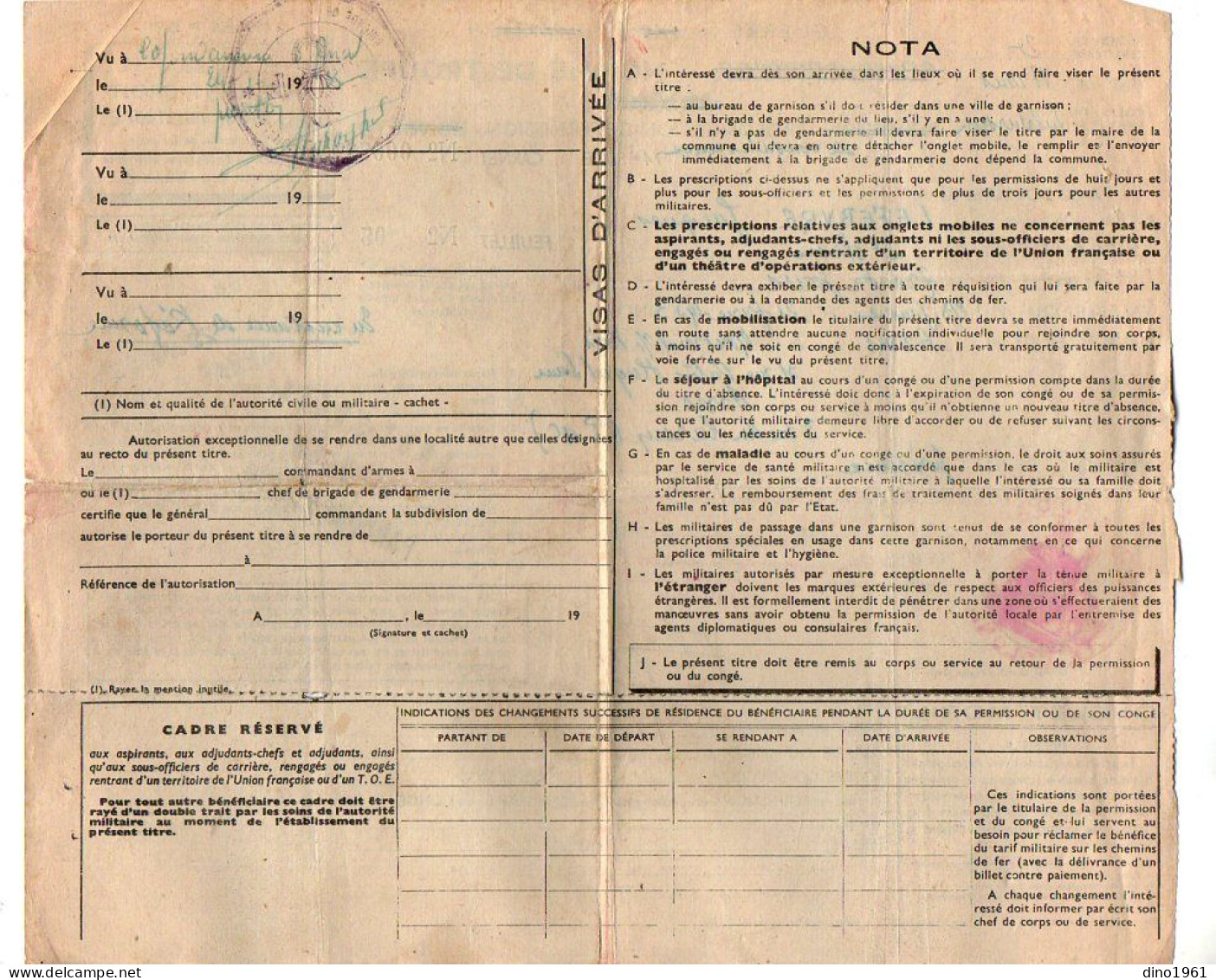 VP22.675 - MILITARIA - ARRAS X MONTREUIL SOUS BOIS 1953 - Prolongation De Permission - Soldat J. LEFEBVRE - Documentos