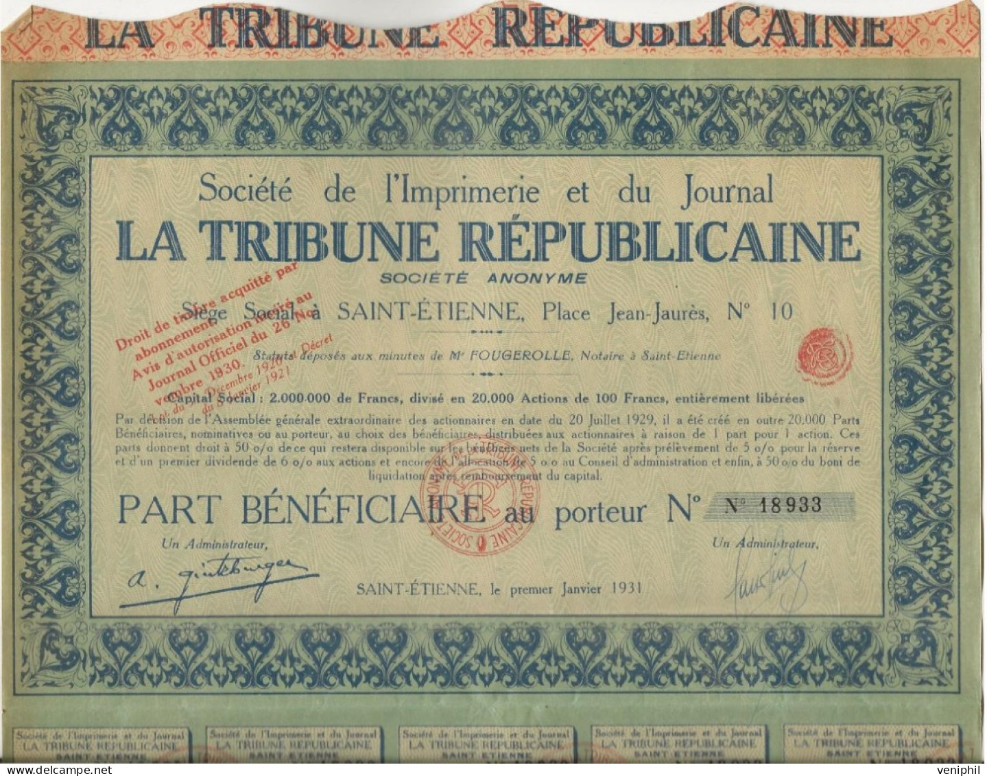 SOCIETE DE L'IMPRIMERIE ET DU JOURNAL LA TRIBUNE REPUBLICAINE -- SAINT -ETIENNE -A NNEE 1911 - Afrika