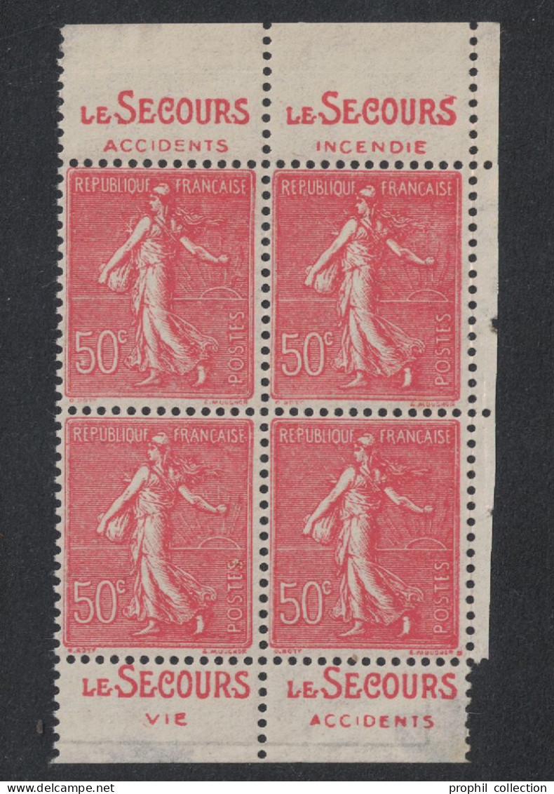 BLOC DE 4 TIMBRES NEUF ** ISSU DE CARNET Au TYPE SEMEUSE LIGNÉE N° 199 Avec BANDE PUB LE SECOURS ACCIDENTS VIE INCENDIE - Unused Stamps