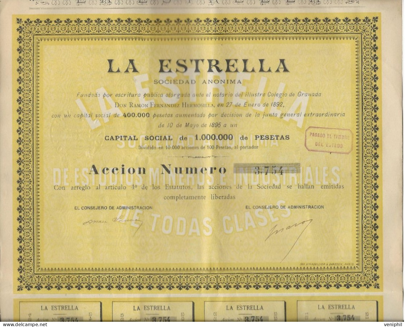 LA ESTRELLA  -ACTION  DE 100 PESETAS  -ESPAGNE - 1895 - Andere & Zonder Classificatie