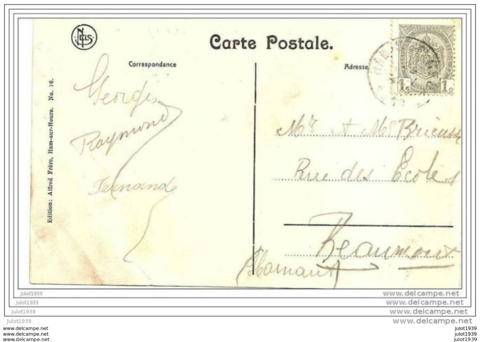 Julot1939 ... HAM - SUR - HEURE ..-- Le Château Et La Cascade . 1910 Vers BEAUMONT ( Mr Mme BRICUSSE ) . Voir Verso . - Ham-sur-Heure-Nalinnes