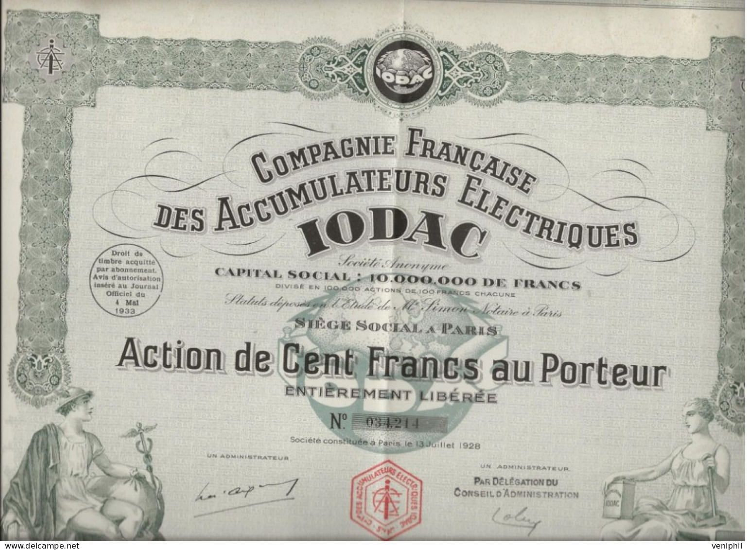 COMPAGNIE FRANCAISE DES ACCUMULATEURS ELECTRIQUES IODAC - ACTION DE CENT FRANCS - ANNEE 1928 - Electricity & Gas