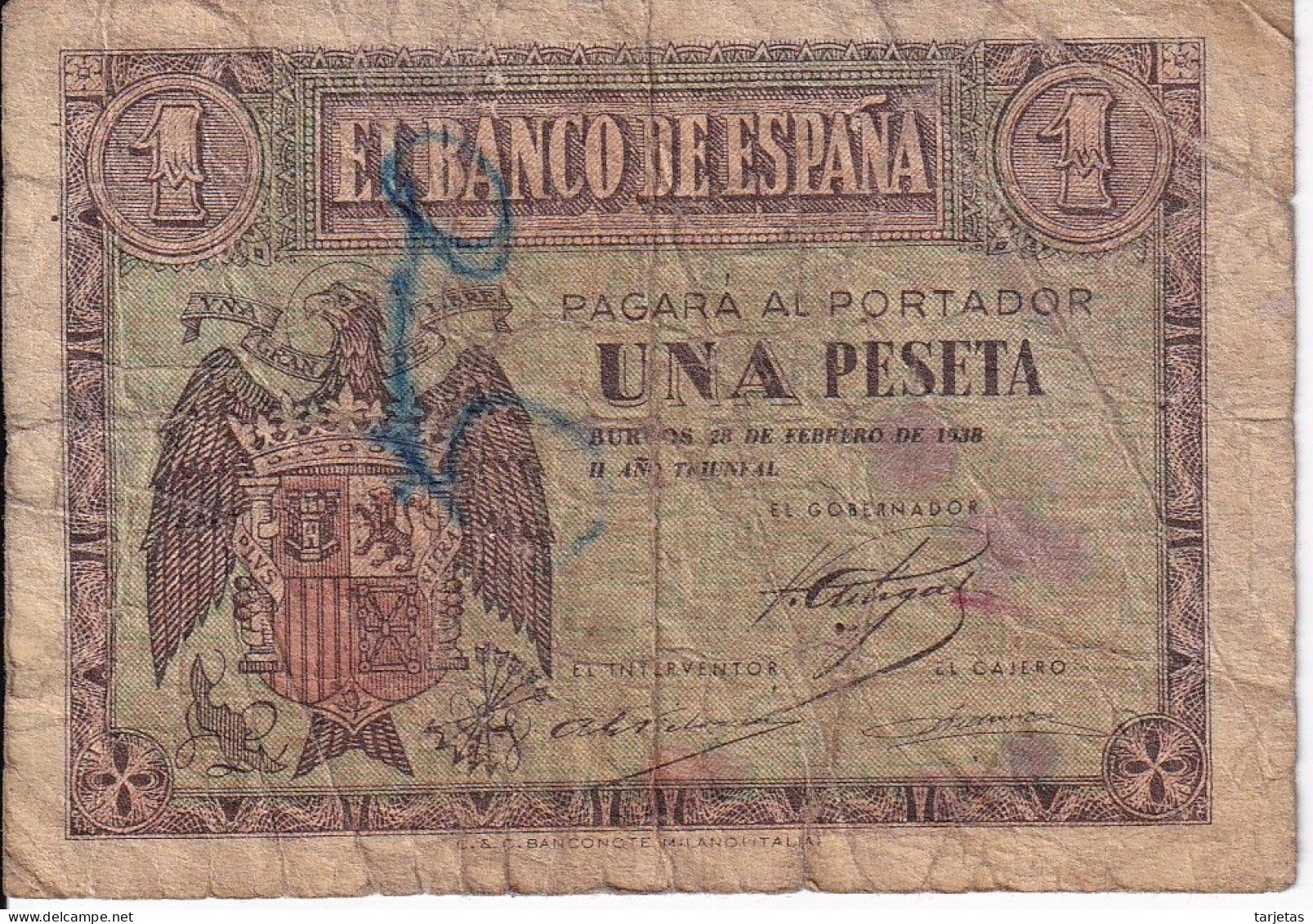 BILLETE DE 1 PESETA DE BURGOS DEL 28 DE FEBRERO DEL AÑO 1938 SERIE G (RARO) (BANKNOTE) - 1-2 Peseten