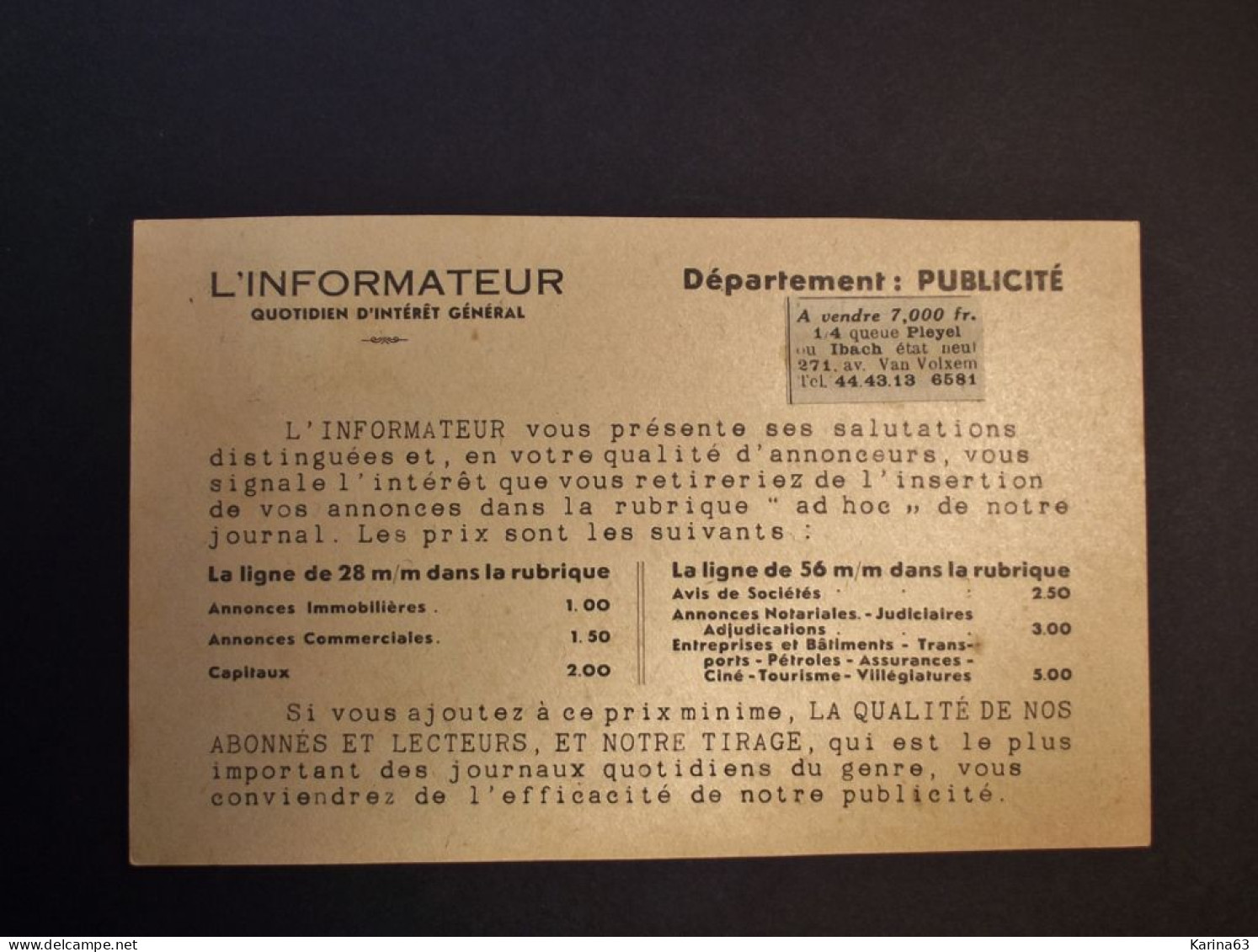België - Belgique - Carte - Postkaart - 1938 -  L' Informateur - Carte De Publicité. - Autres & Non Classés