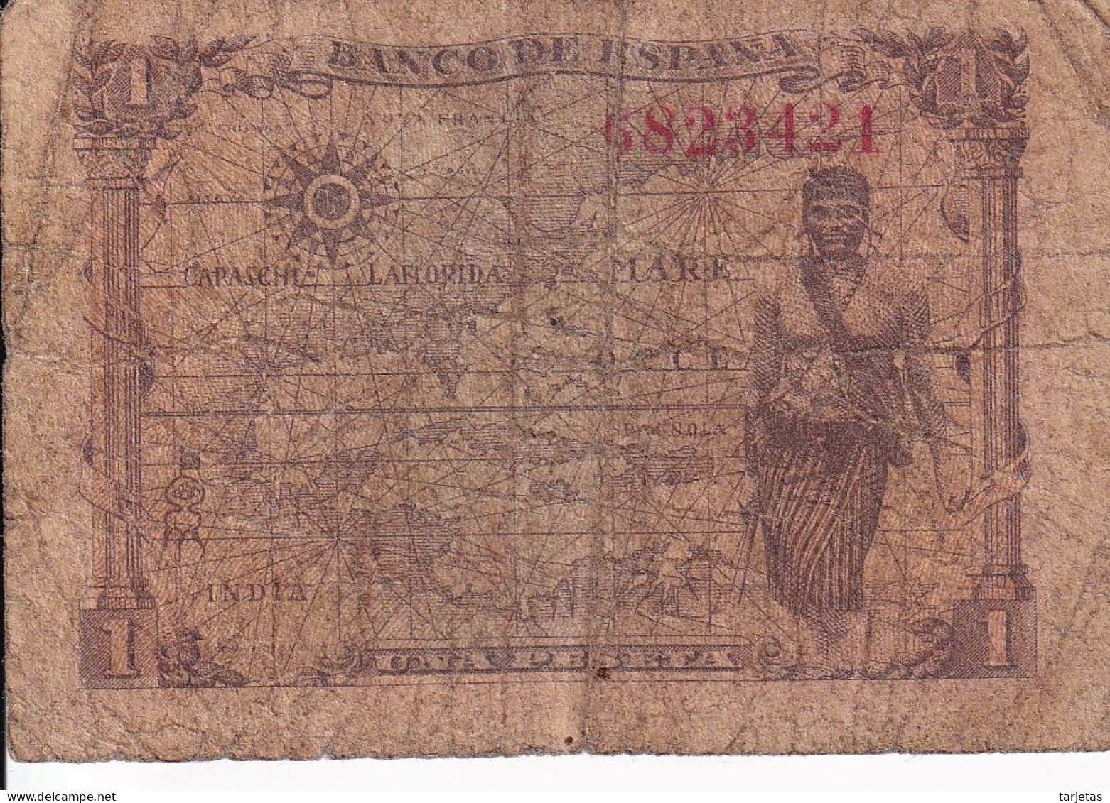 BILLETE DE ESPAÑA DE 1 PTA  DEL AÑO 1945 SIN SERIE (BANKNOTE) ISABEL LA CATOLICA - 1-2 Peseten