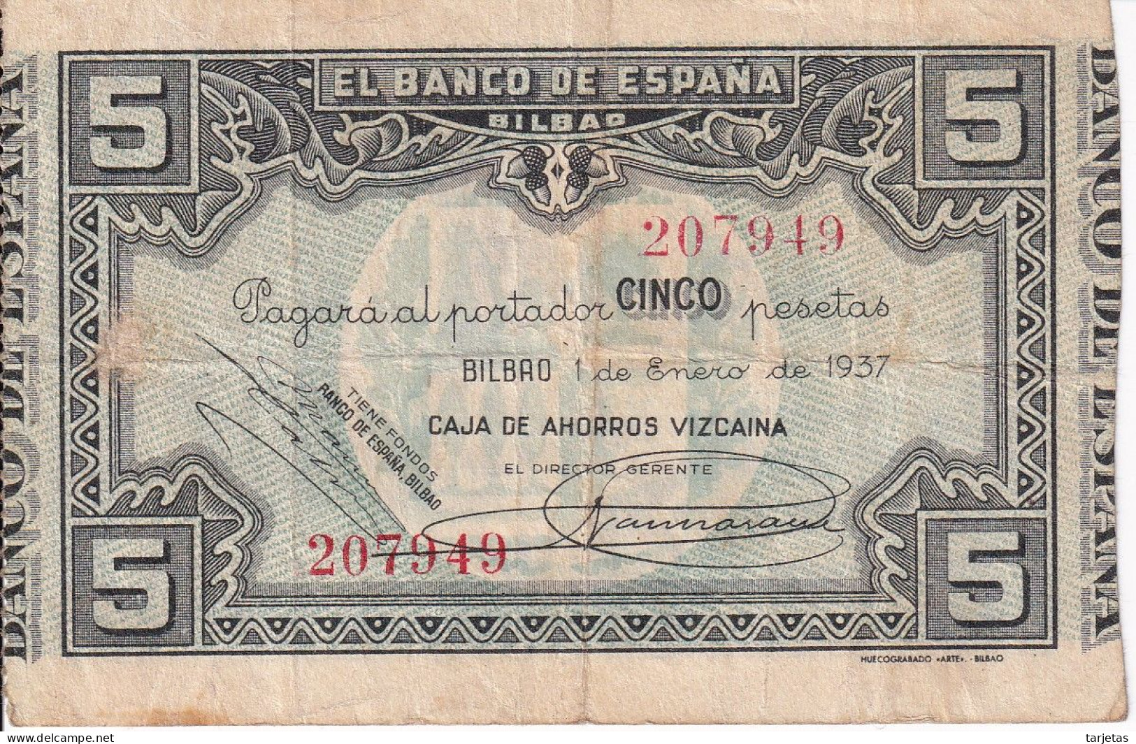 BILLETE DE ESPAÑA 5 PTAS DEL BANCO DE BILBAO 1937 - FIRMA CAJA DE AHORROS VIZCAINA (BANKNOTE) - 5 Peseten