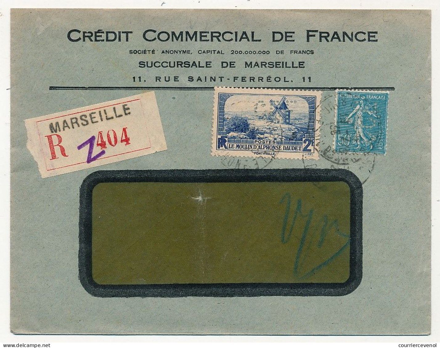 FRANCE - Env. En Tête Crédit Commercial De France Affr 2F Moulin De Daudet + Semeuse Perforés C.C.F - Recom. 1930 - Covers & Documents