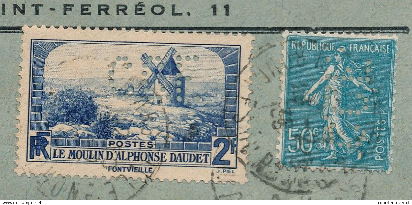 FRANCE - Env. En Tête Crédit Commercial De France Affr 2F Moulin De Daudet + Semeuse Perforés C.C.F - Recom. 1930 - Brieven En Documenten