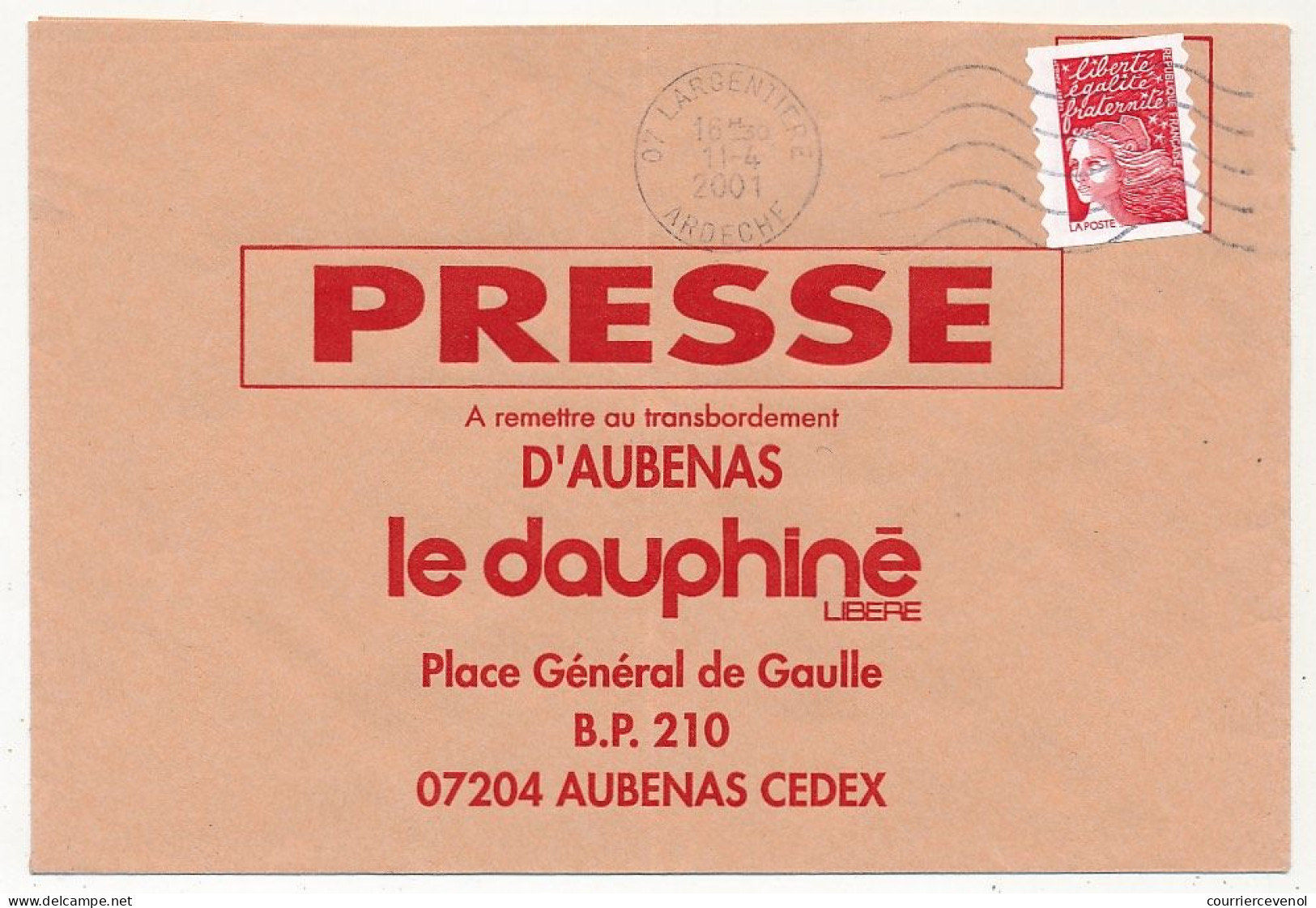 FRANCE - Enveloppe Hors Sac - "Presse Dauphiné Libéré AUBENAS Cedex" De Largentière 2001 - Cartas & Documentos