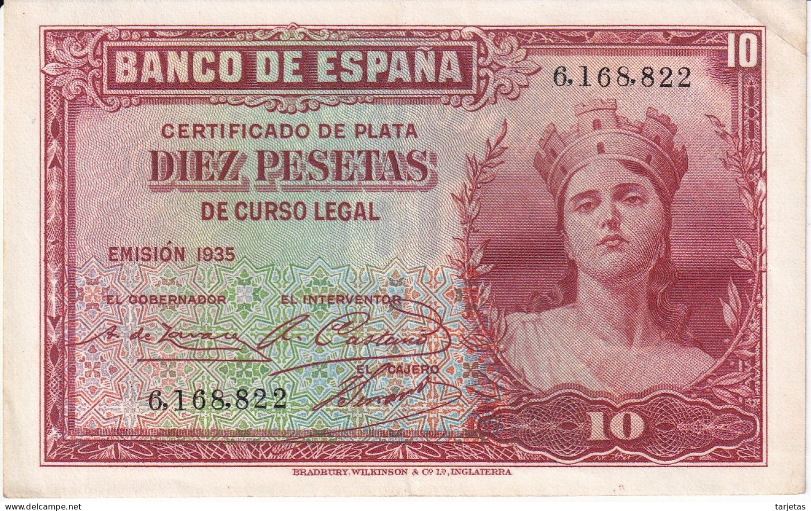 BILLETE DE 10 PESETAS DEL AÑO 1935 SIN SERIE CALIDAD EBC (XF) CERTIFICADO DE PLATA - 10 Peseten
