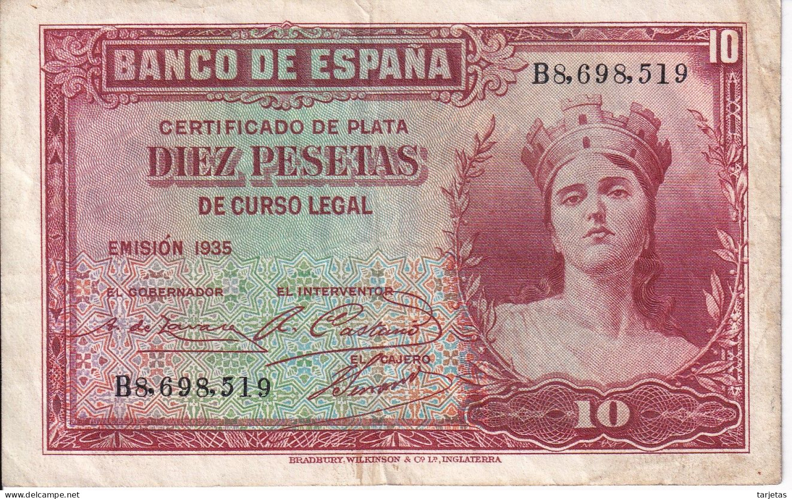 BILLETE DE 10 PESETAS DEL AÑO 1935 SERIE B - CERTIFICADO DE PLATA - 10 Peseten