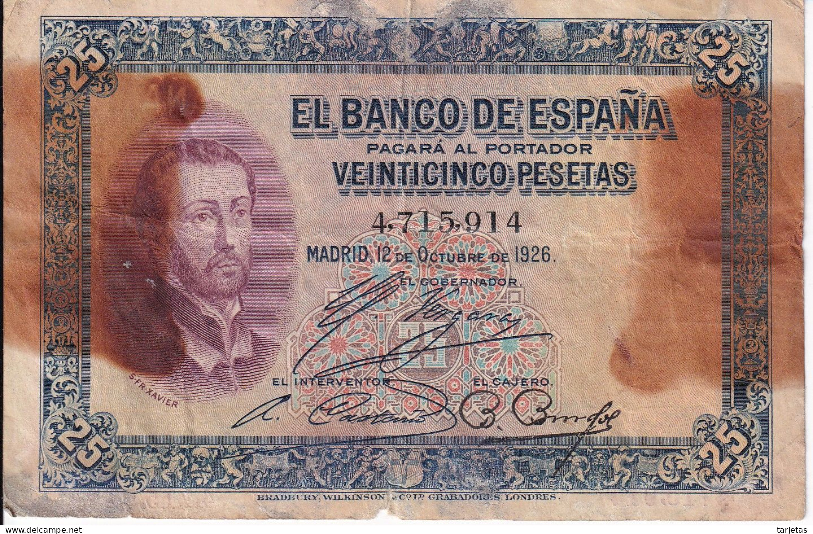 BILLETE DE ESPAÑA DE 25 PTAS DEL AÑO 1926 SIN SERIE  (BANKNOTE) - 1-2-5-25 Pesetas