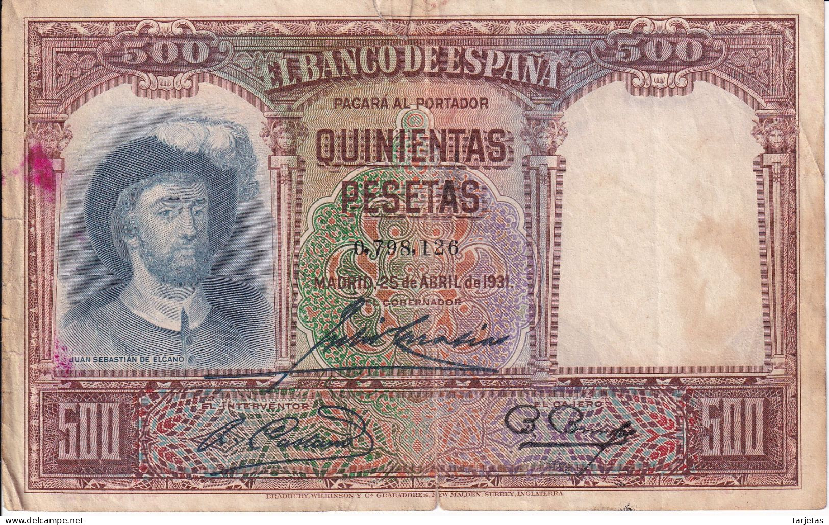 BILLETE DE ESPAÑA DE 500 PTAS DEL AÑO 1931 DE ELCANO CALIDAD RC - 500 Pesetas