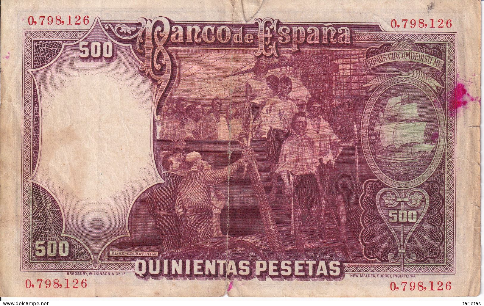 BILLETE DE ESPAÑA DE 500 PTAS DEL AÑO 1931 DE ELCANO CALIDAD RC - 500 Pesetas