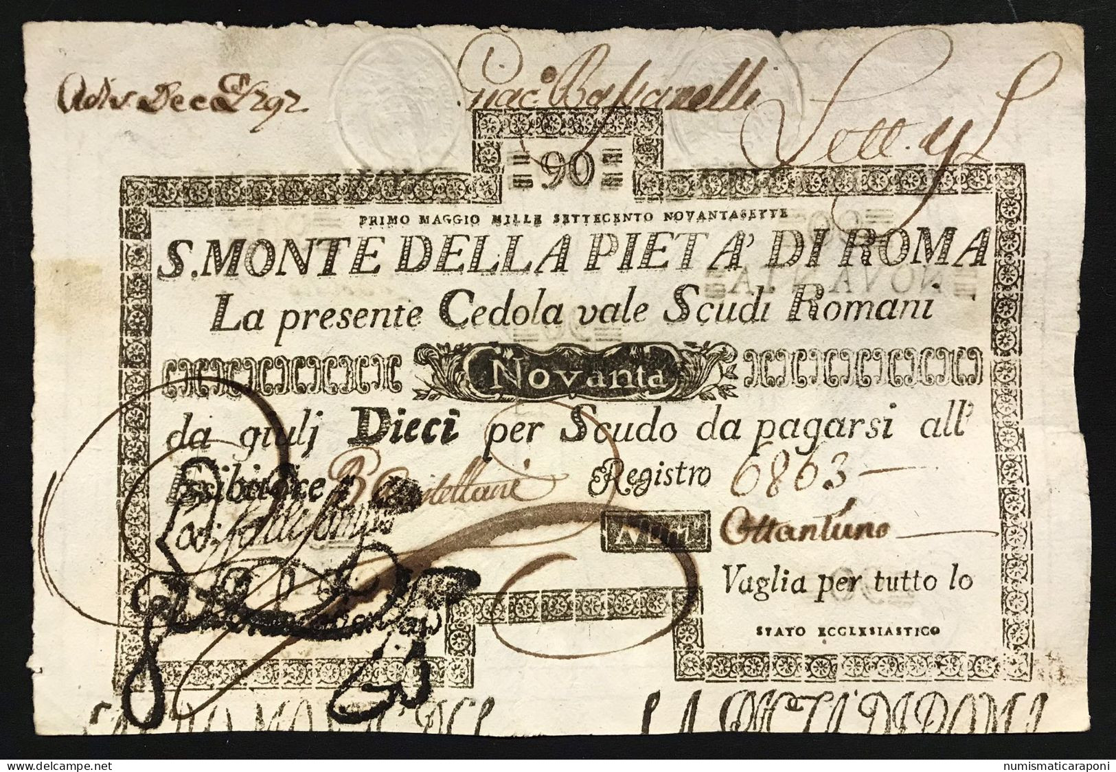 SACRO MONTE DI PIETA' ROMA 01 05 1797 90 SCUDI Ottimo Esemplare Bb+ Taglietti Centrali Rara LOTTO 1724 - Other & Unclassified
