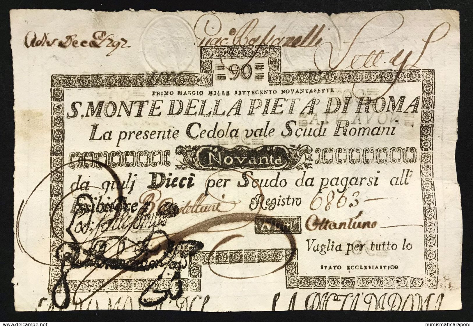 SACRO MONTE DI PIETA' ROMA 01 05 1797 90 SCUDI Ottimo Esemplare Bb+ Taglietti Centrali Rara LOTTO 1724 - Autres & Non Classés