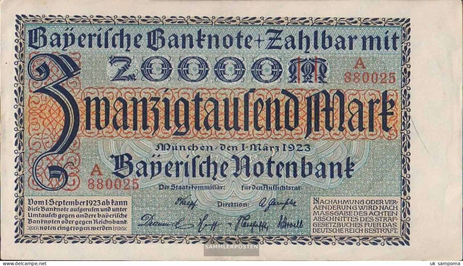 Bavaria Rosenbg: BAY7a Länderbanknote Bavaria Used (III) 1923 20.000 Mark - 20.000 Mark