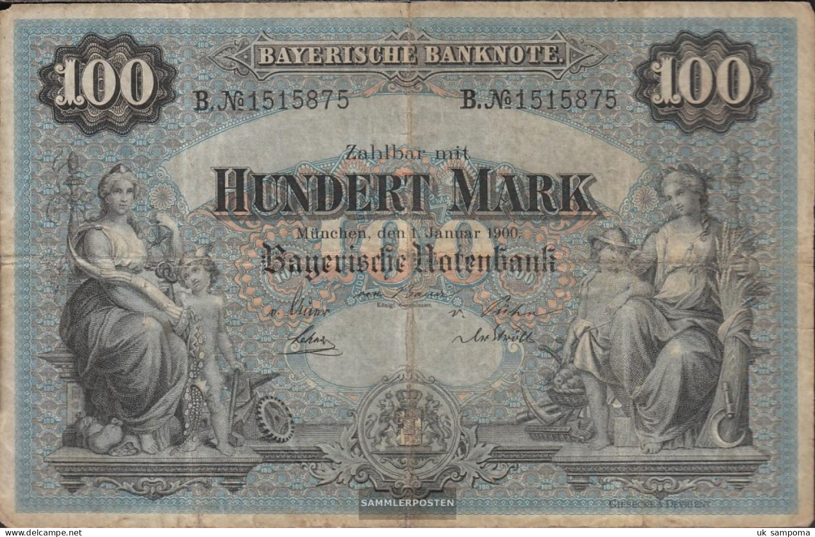 Bavaria Rosenbg: BAY3 Länderbanknote Bavaria Used (III) 1900 100 Mark - 100 Mark