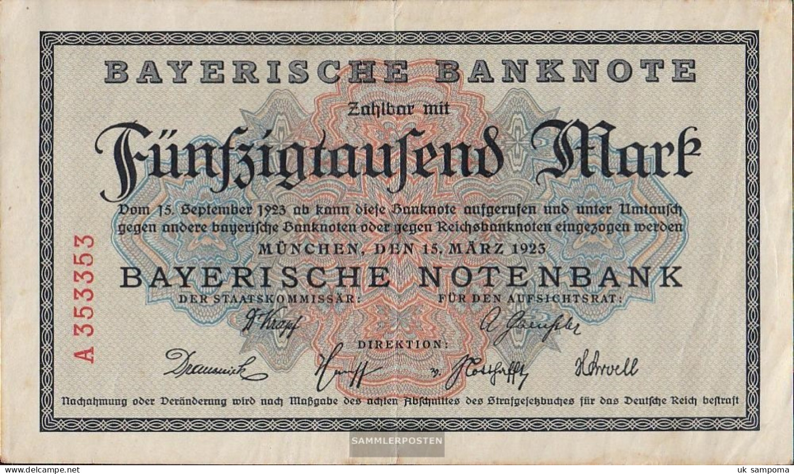 Bavaria Rosenbg: BAY8 Länderbanknote Bavaria Used (III) 1923 50.000 Mark - 50.000 Mark