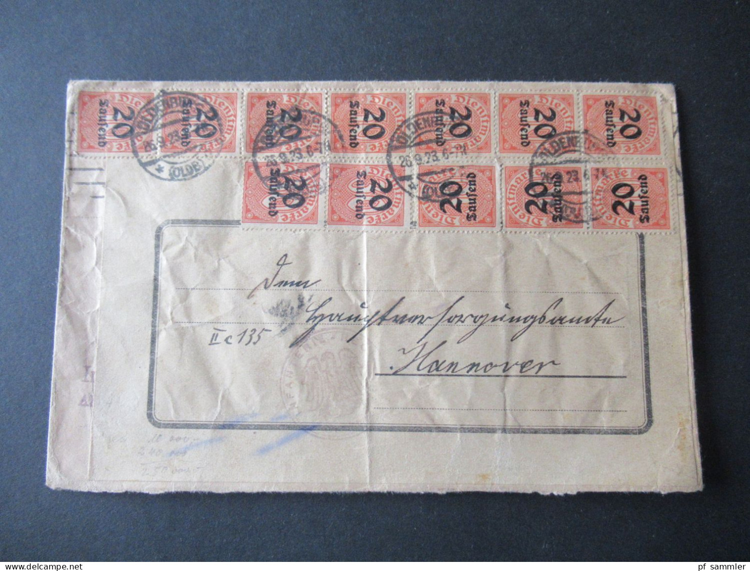 9.1923 DR Infla Dienstmarken Massenfrankatur Mit 32 Marken! Nr.81 (20) Und Nr.90 (12) Oldenburg (OLDB) Infanterie - Officials