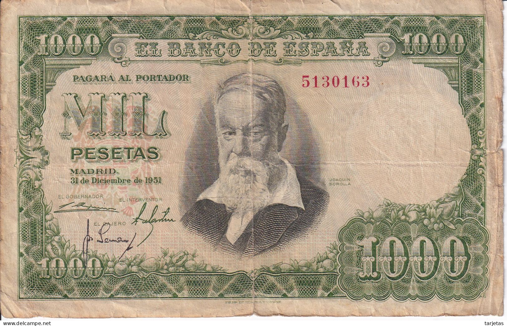 BILLETE DE ESPAÑA DE 1000 PTAS DEL 31/12/1951 SIN SERIE (BANKNOTE) SOROLLA - 1000 Peseten