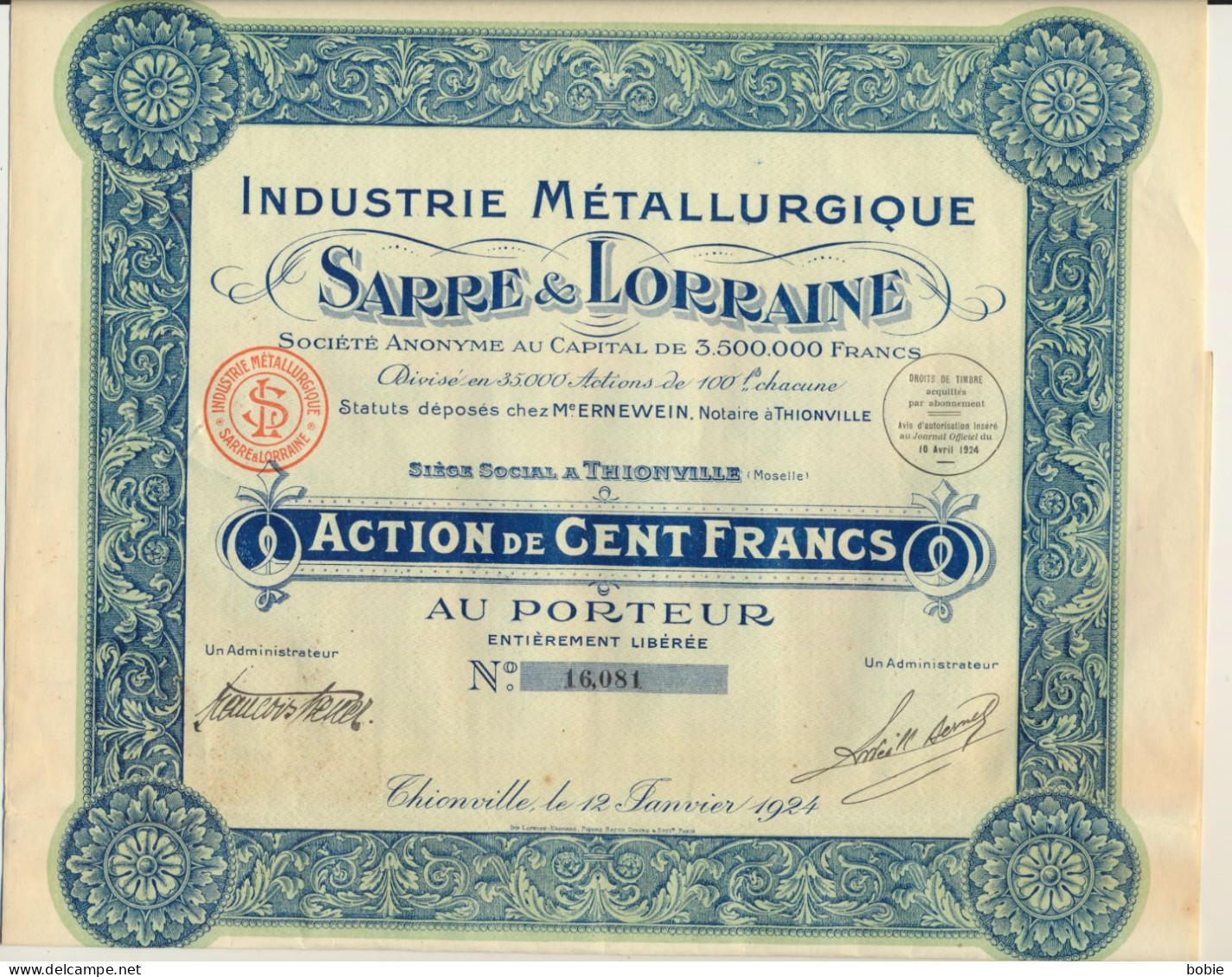 Thionville Moselle : Action De 100 Francs - Industrie Métallurgique " Sarre & Lorraine " De 1924 - Siège Thionville - Industrie