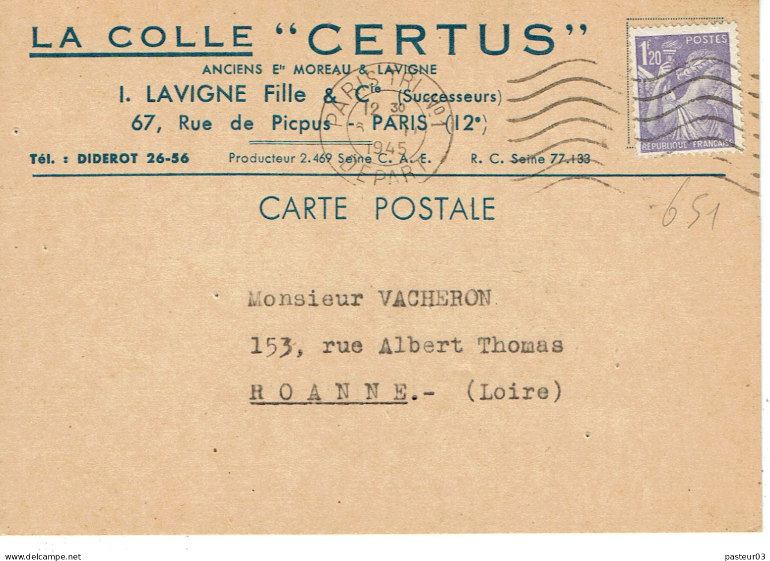 651 Type Iris 1,20 F. Violet Flamme Flier Paris Tri N° 1 Départ 6-2-1945 - 1939-44 Iris