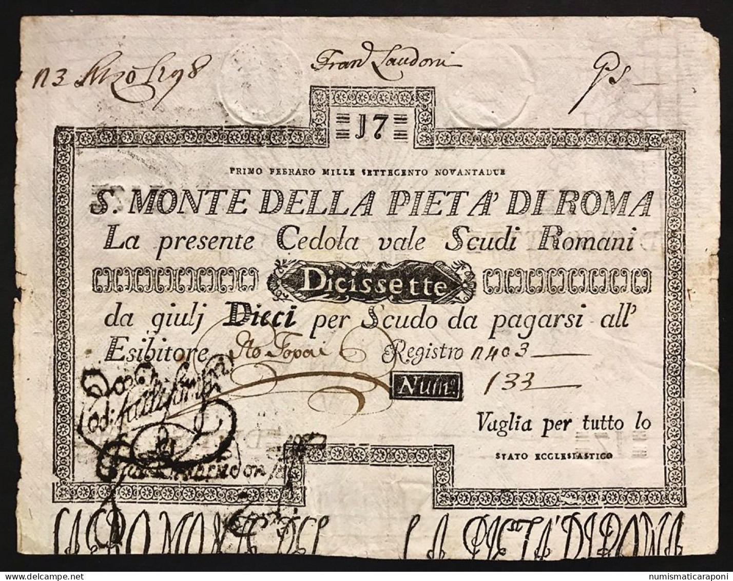 Stato Pontificio Cedola Da 17 Scudi Sacro Monte Della Pietà Di Roma  01 02 1792 Naturale R2 Lotto.2990 - [ 9] Colecciones