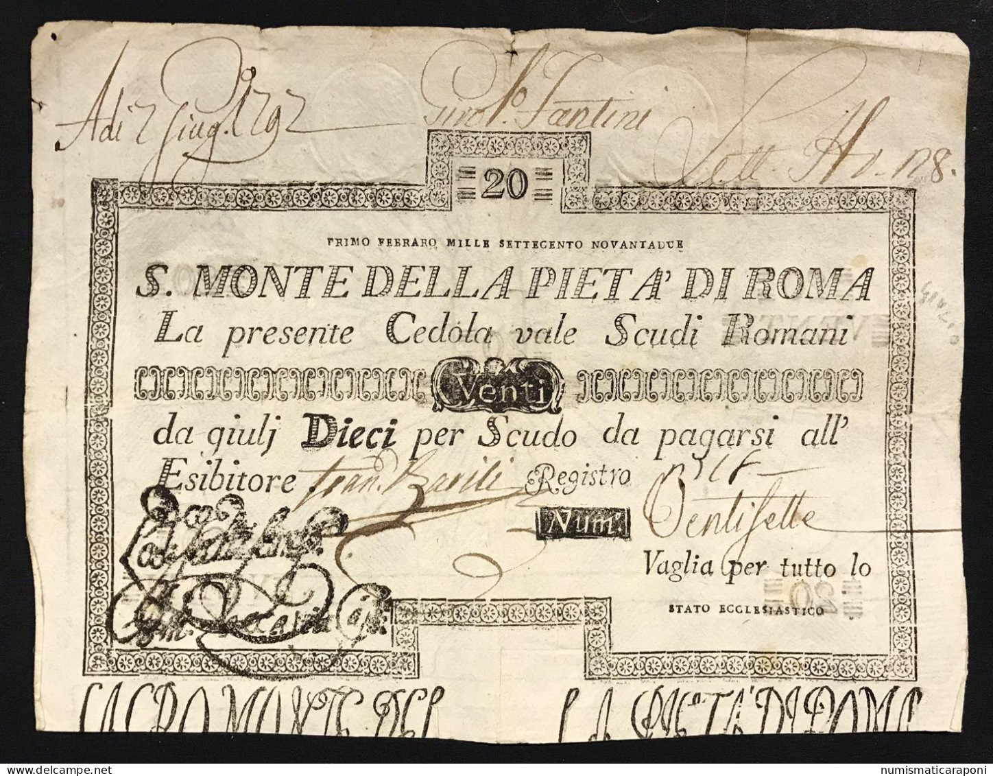 Stato Pontificio Cedola Da 20 Scudi Sacro Monte Della Pietà Di Roma  01 02 1792 Naturale R2 Lotto.1730 - [ 9] Collections