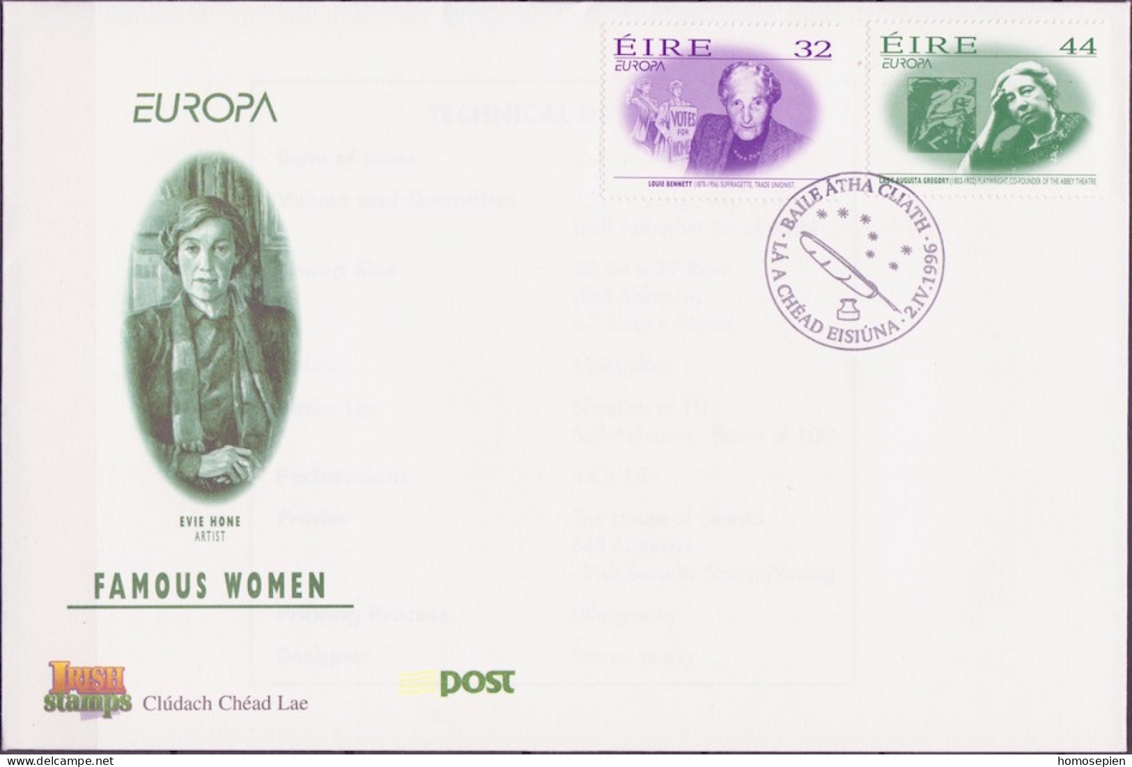 Irlande - Ireland - Irland FDC 1996 Y&T N°943 à 944 - Michel N°940 à 941 - EUROPA - Gommé - FDC