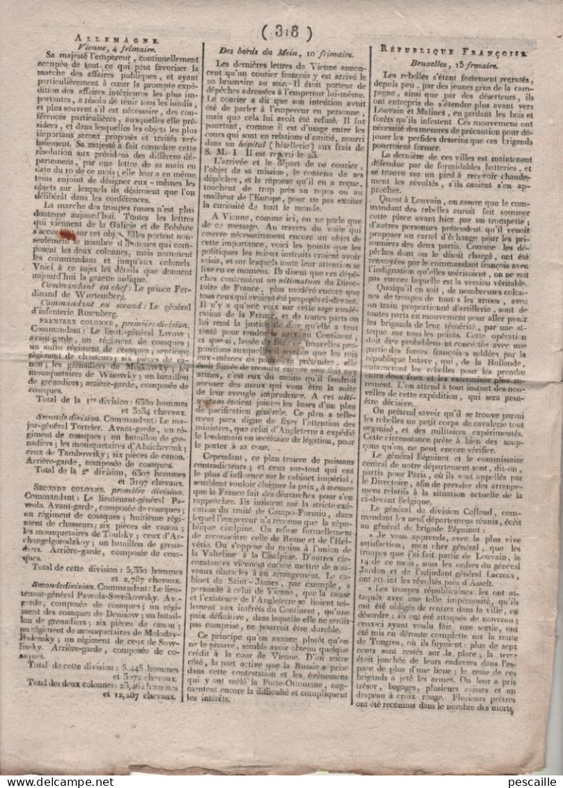 GAZETTE DE FRANCE 20 FRIMAIRE AN 7 - IRLANDE - CONSTANTINOPLE - GENES - VIENNE ARMEE RUSSE - LVAIN MALINES - CHAMPIONNET - Newspapers - Before 1800