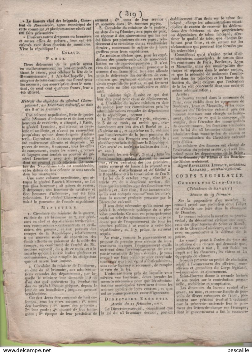 GAZETTE DE FRANCE 20 FRIMAIRE AN 7 - IRLANDE - CONSTANTINOPLE - GENES - VIENNE ARMEE RUSSE - LVAIN MALINES - CHAMPIONNET - Kranten Voor 1800