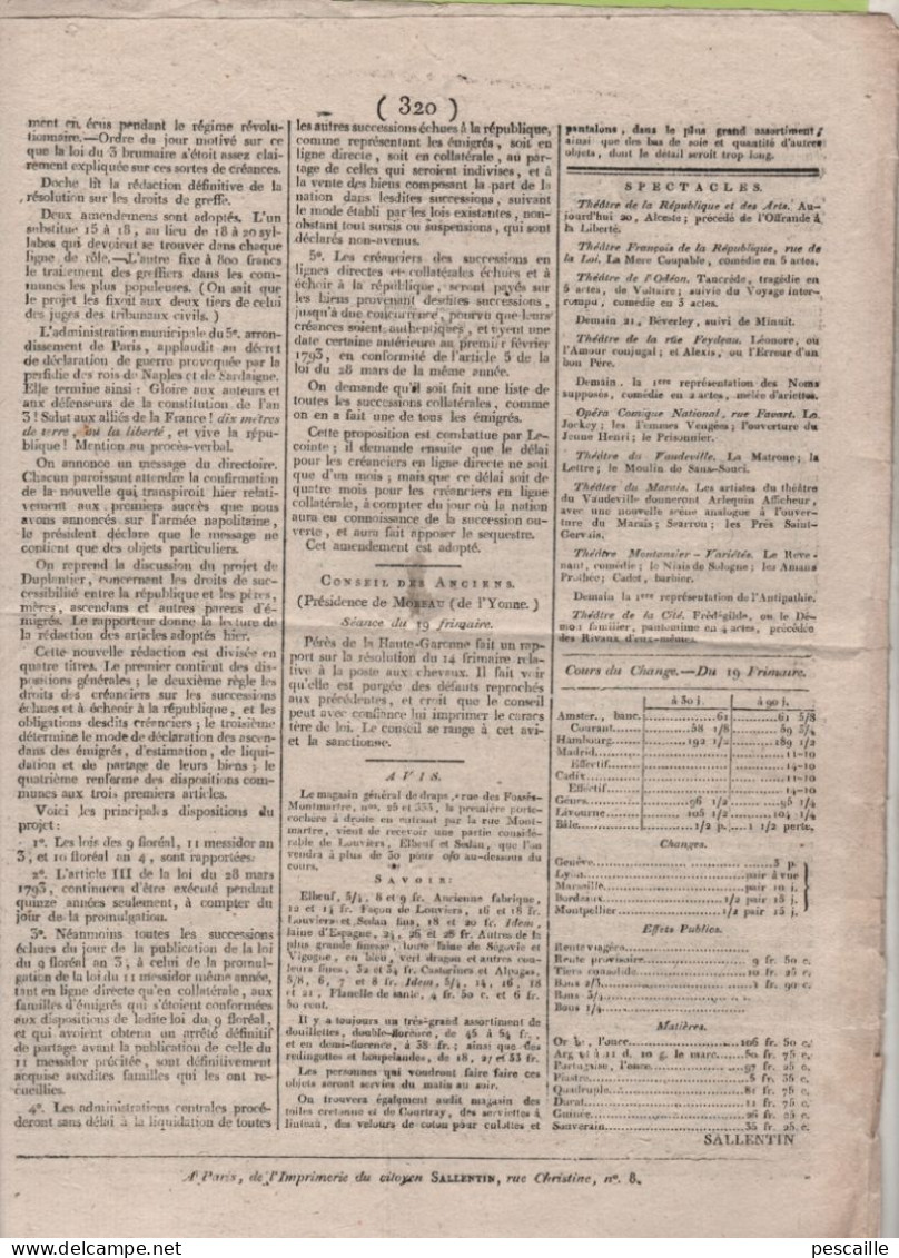 GAZETTE DE FRANCE 20 FRIMAIRE AN 7 - IRLANDE - CONSTANTINOPLE - GENES - VIENNE ARMEE RUSSE - LVAIN MALINES - CHAMPIONNET - Zeitungen - Vor 1800